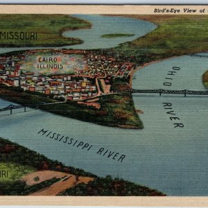 1939 Cairo, ILL Birds Eye Art Map Mississippi River No Flood Linen PC Teich A218