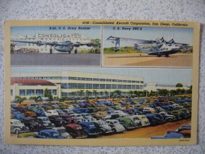 SAN DIEGO, CA ~ 1930s-40s linen CONSOLIDATED AIRCRAFT CORP. 3 views. Army/Navy