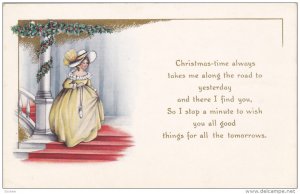 Christmas-time Poem, Southern bell wearing yellow gown and bonnet, Holly, gol...