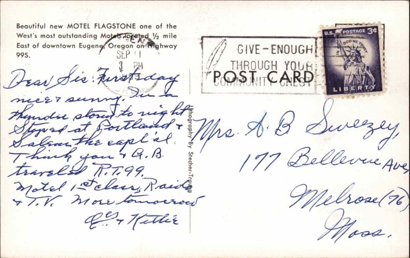 Eugene Oregon OR Motel Vintage Postcard