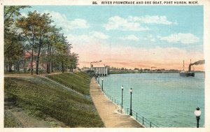 Vintage Postcard 1920's River Promenade and Ore Boat Port Huron Michigan MI