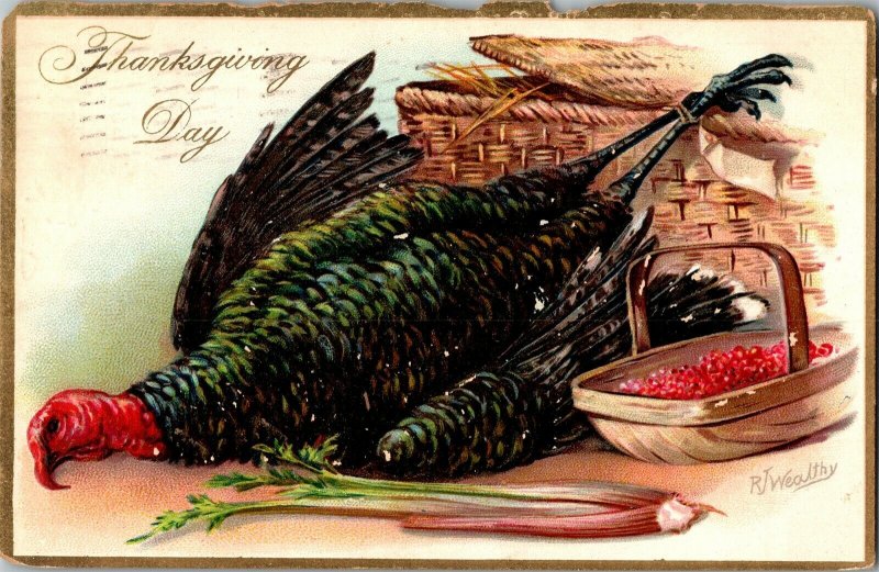 Tucks 123 Thanksgiving, Turkey Laid on Table with Cranberries c1908 Postcard F57