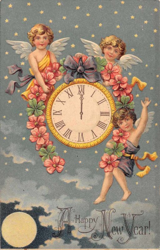 New Year Greetings Cherubs Angels Flowers and Clock Vintage Postcard JJ649066