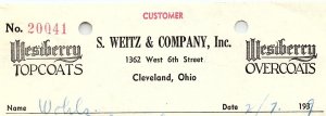 1939 S. WEITZ & COMPANY CLEVELAND OHIO WESTBERRY TOPCOATS BILLHEAD INVOICE Z684