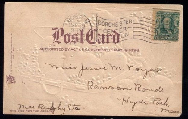 1907 US Sc #300 Embossed Easter Card Boston Mass to Hyde Park Mass.Mar...