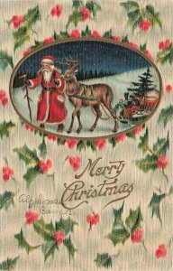 Santa Claus Walking Leading Reindeer Sleigh Germany Christmas c1910 P206