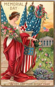Postcard Memorial Day Artist Chapman Lady Liberty Patriotic Flag Shield Flowers