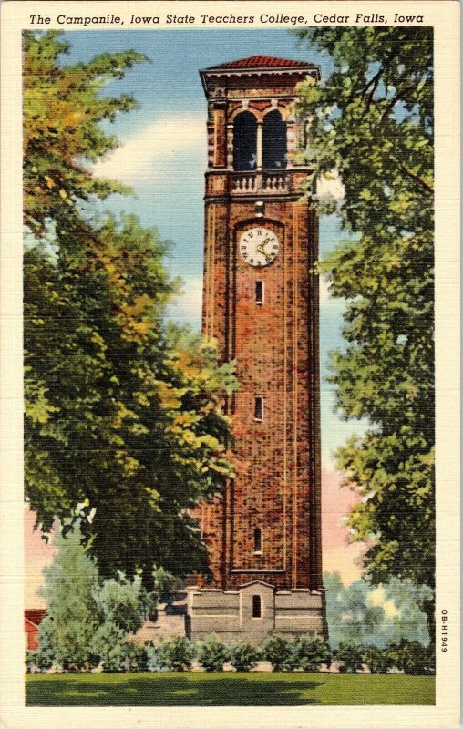 Campanile Iowa State Teachers College Cedar Falls Clock Divided Back Postcard 