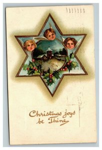 Vintage 1911 Christmas Postcard Cute Angels Star Mistletoe Holly Berries