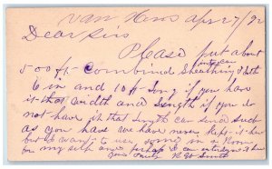 1892 WJ Young and Co. RW Smith Van Horn Iowa IA Clinton Iowa IA Postal Card