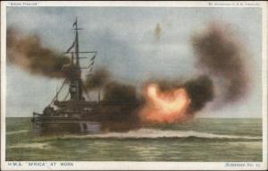 British Battleship Naval Ship HMS AFRICA Firing Cannon c1915 Postcard