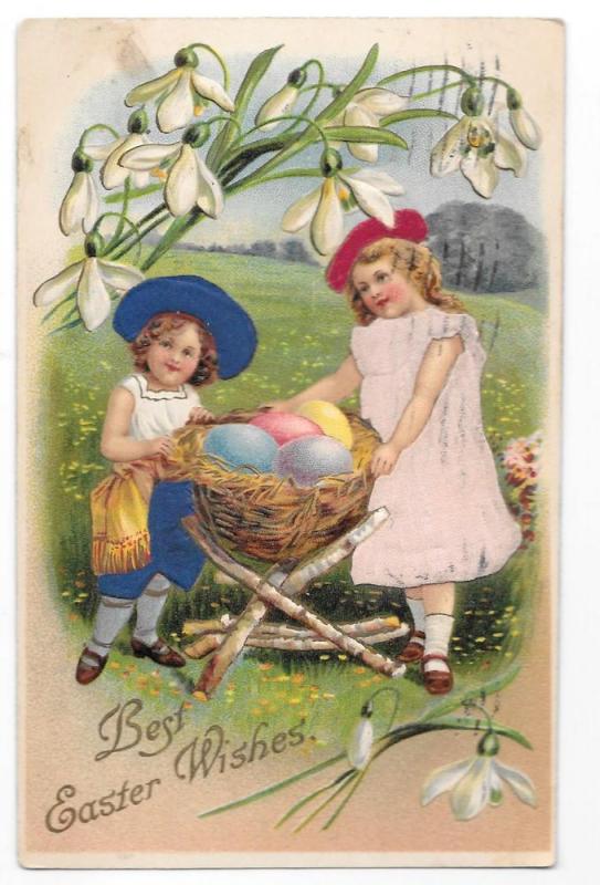 Easter Children Silk Dresses & Hats Girls Vintage Postcard