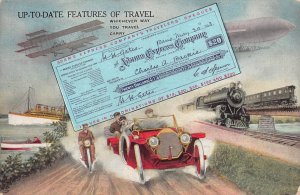 ADAMS EXPRESS TRAVELERS CHECKS AVIATION TRAIN CAR SHIP AD POSTCARD (c. 1910)