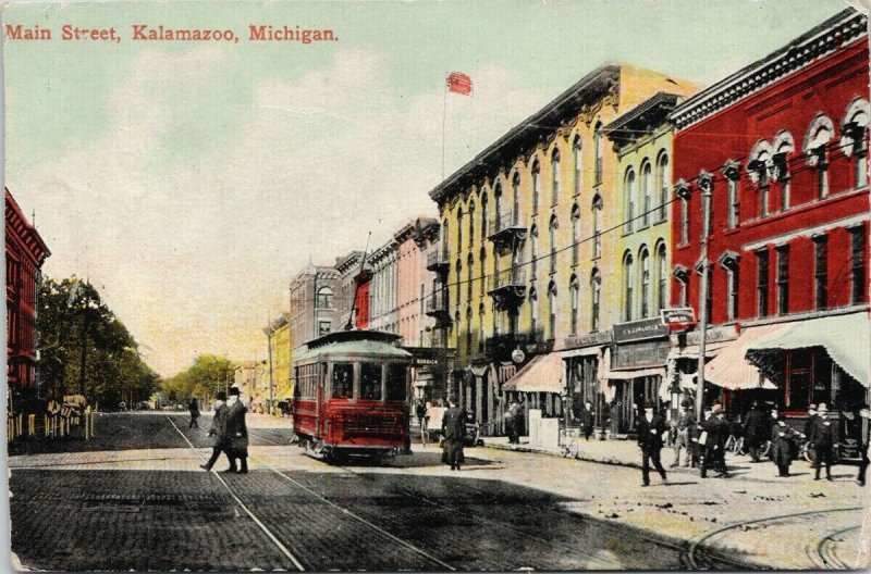 Main Street Kalamazoo MI Michigan Trolley Postcard E76