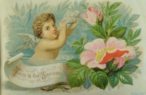 Embossed Victorian Trade Card Water Nymph Fairy Shell-Trumpet Pink Flowers P46