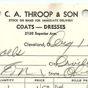 1939 C.A. THROOP & SON COATS-DRESSES CLEVELAND OHIO BILLHEAD STATEMENT Z3452