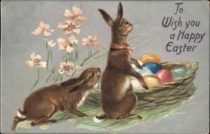 Tuck Easter Rabbits Colored Eggs Silver Background c1910 Vintage Postcard