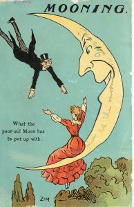 Mooning Postcard Anthropomorphic Moon Romantic Couple The Moon Must Put Up With