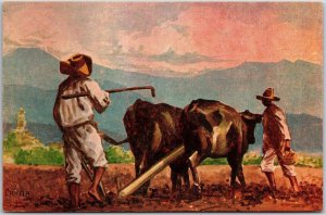 Farmers Plowing The Field Painting Postcard