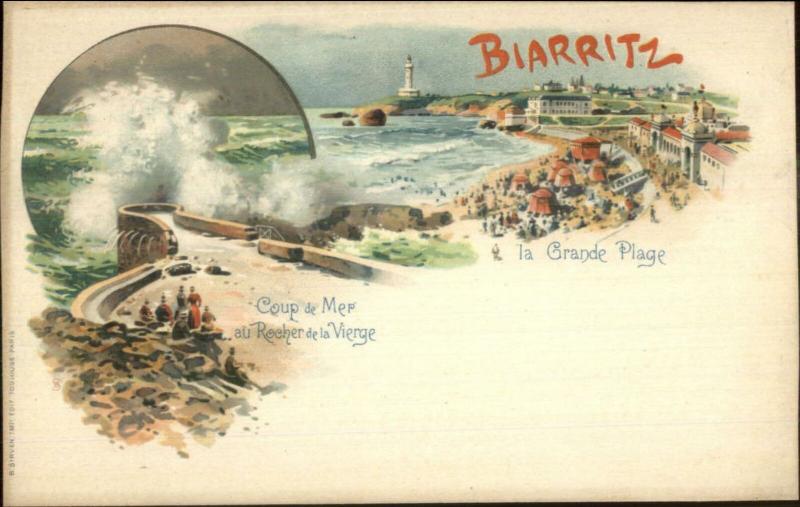 Biarritz France Multi View Lighthouse 1890s Lithograph Postcard