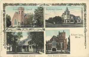 Hand-Colored Multiview Postcard; 4 Churches of Albert Lea, MN Posted 1909