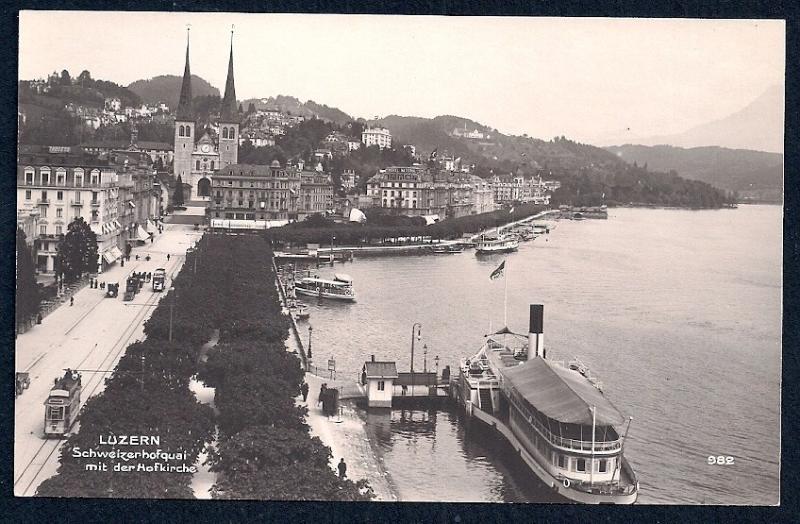 Dock w/Boat & Church Lucerne Switzerland Unused c1920s