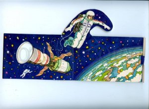 153802 SPACE Cosmonaut by BESLIK FOLDED postcard MECHANICAL