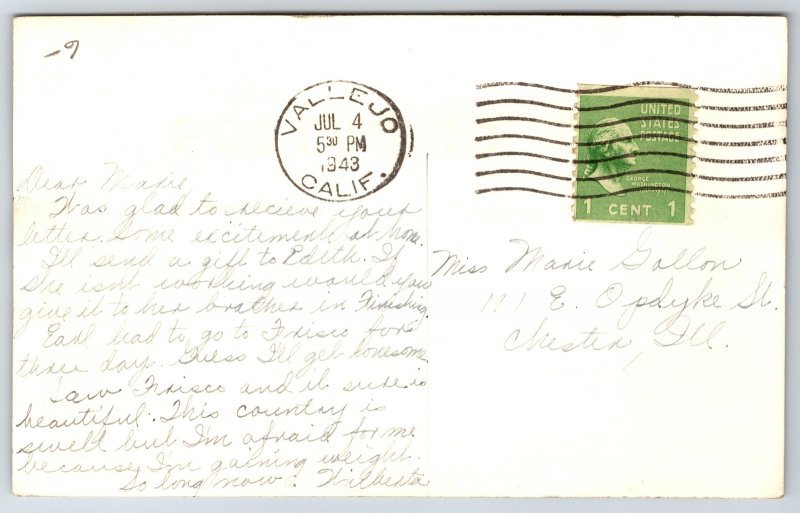 Vallejo California Real Photo Postcard~Catholic Church Exterior~PM 1943~RPPC