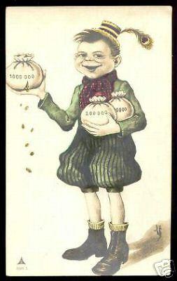 strange SIGNED Caricature pc Boy with Money Bags (1911)