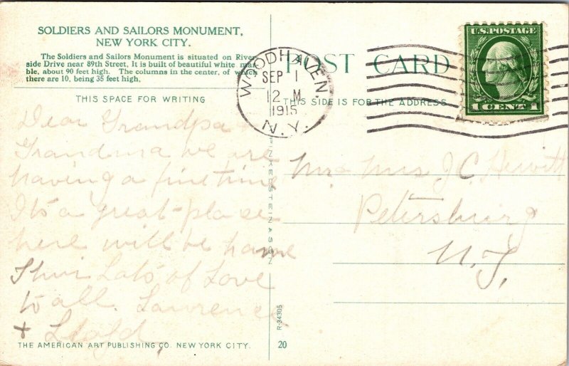 Soldiers Sailors Monument New York City NYC NY Antique Postcard PM Woodhaven NY