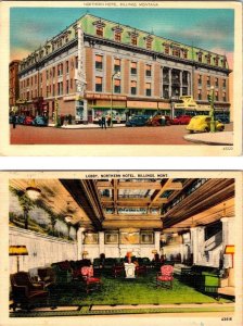 2~Linen Postcards BILLINGS, MT Montana NORTHERN HOTEL & LOBBY Corner Drug Store