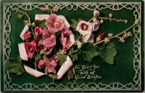 Hollyhock Flowers Embossed Border To Greet You With All Good Wishes Postcard