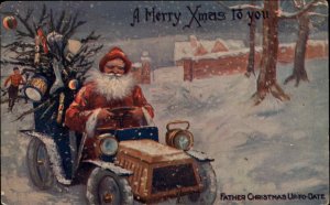 Antique Postcard CHRISTMAS Santa Claus Driving Classic Car VINTAGE TOYS