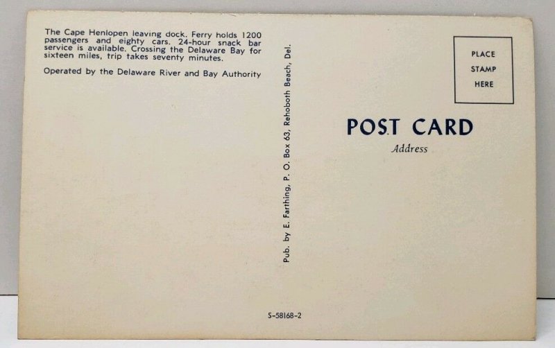 Cape Henlopen Ferry, 1950's-1960's Leaving Dock Postcard B26