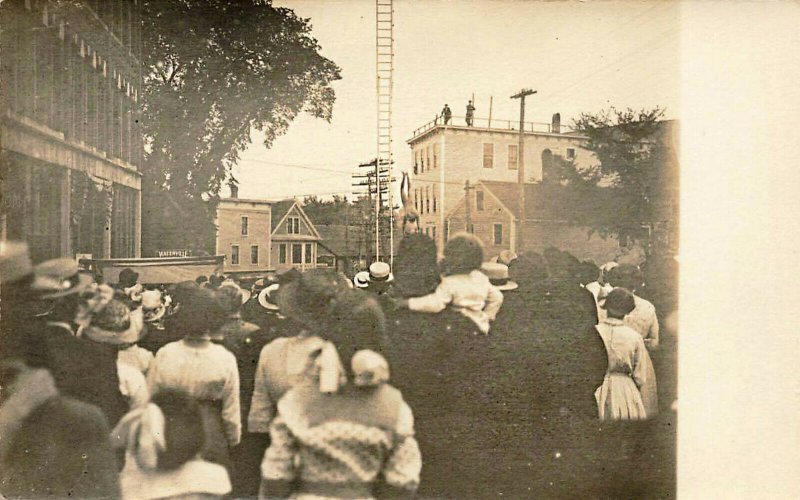 Waterville ME Circus Type Man on The Ladder Real Photo Postcard