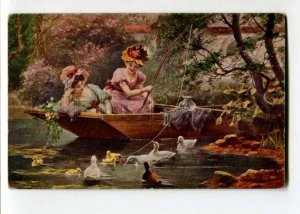 402719 GOLDFISH Fishing Girl DUCK by ZATZKA Vintage color PC