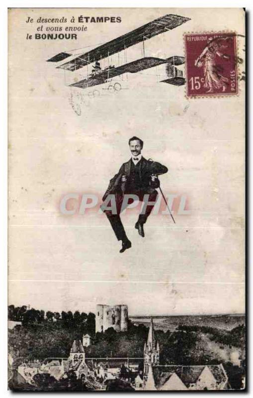 Old Postcard Etampes I go down and sends hello Jet Airplane