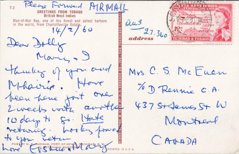 Man Of War Bay Tobago BWI Charlotteville Estate c1960 Vintage Postcard D73