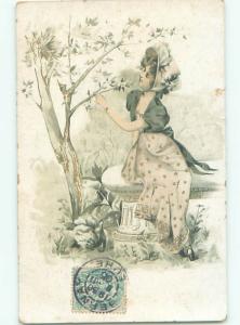 foreign 1905 Postcard EUROPEAN WOMAN LOOKS AT FLOWERING TREE AC2594