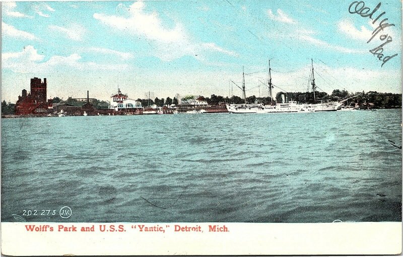 Postcard MI Detroit Wolff's Amusement Park & USS Yantic Civil War Ship 1909 L16