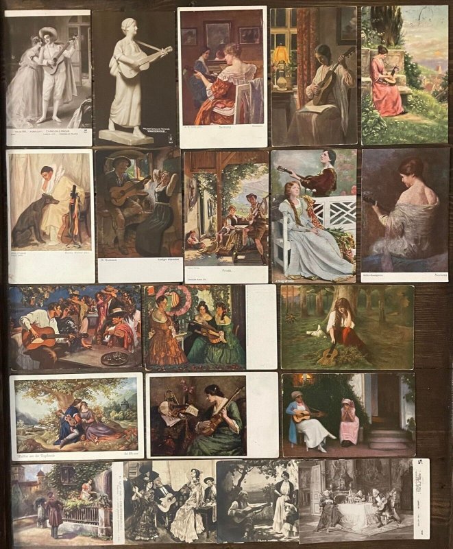 Lot 20 vintage fine art postcards music instruments guitar related