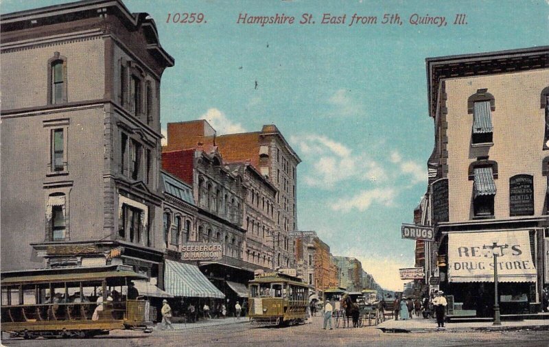 c.'11, Hampshire St East from 5th, Street Cars, Horses,Quincy, IL, Old Post Card
