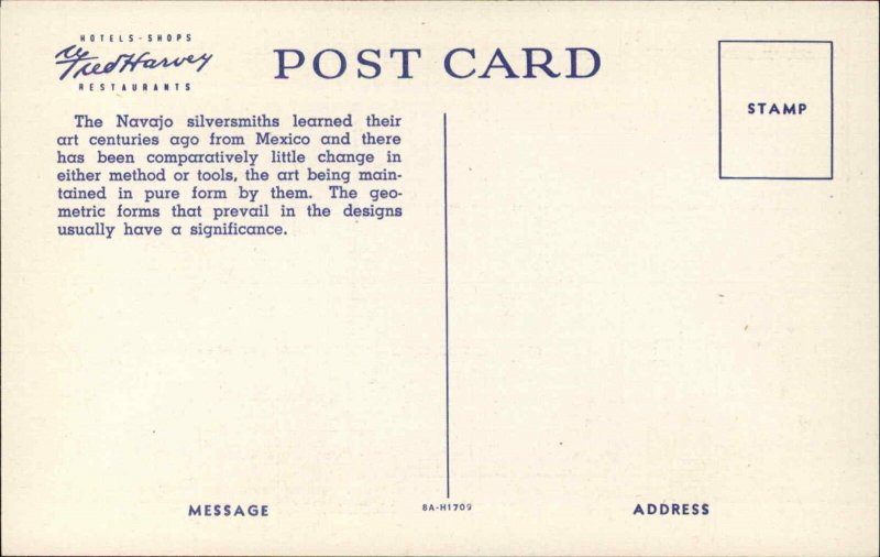 Fred Harvey American Indian Navajo Silversmith Grand Canyon AZ Linen Postcard