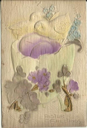 Heavily Embossed Novelty Airbrushed Card Chicks Easter Egg Lilacs 1913 Ephemera