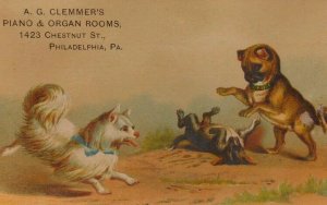 Victorian Trade Card A.G Clemmer's Piano & Organ Rooms Adorable Dogs At Play F25