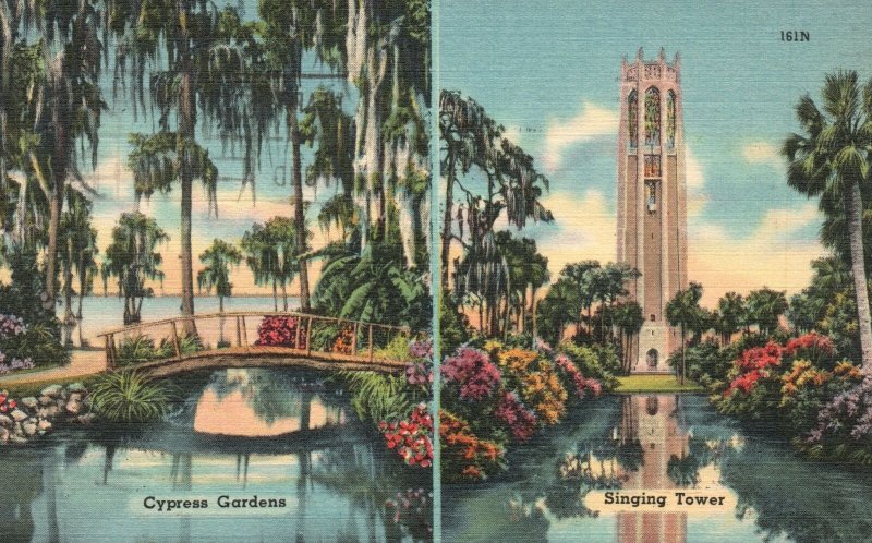 Vintage Postcard 1957 Views Cypress Gardens & Singing Tower Winter Haven Florida