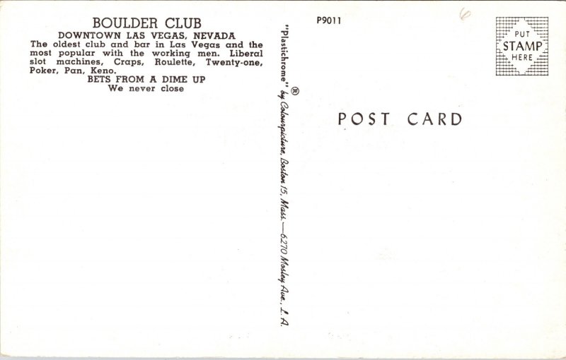 Boulder Club, Bets From A Dime Up, Las Vegas, Nevada Postcard