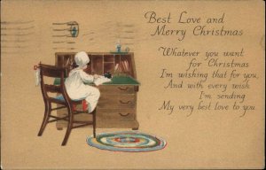 Christmas Little Girl at old Fashioned Writing Desk Vintage Postcard