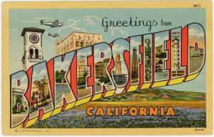 Greetings - Bakersfield CA - Large Letter Linen c. 1943