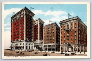 Richmond Virginia~Murphys Hotel Bldg~Bridge~Flags~Cars~Horses~1920s Postcard